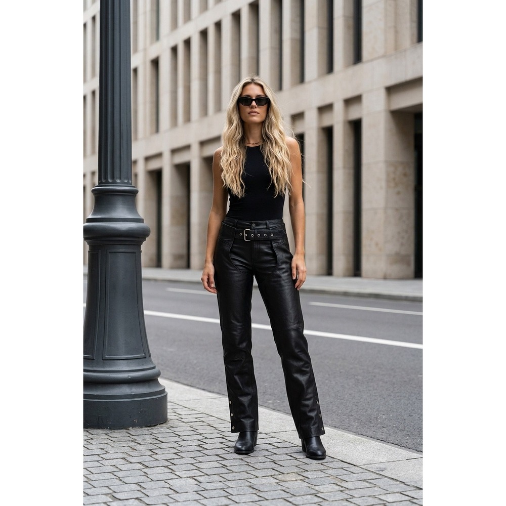 Hot Leathers Black Genuine Leather Motorcycle Chaps Women Lace Up Belted M NWOT